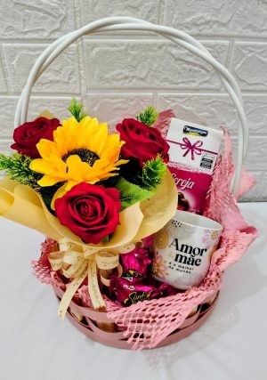 cesta rosa com flor artificial R16