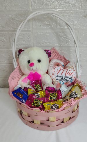 cesta rosa urso e almofada R18